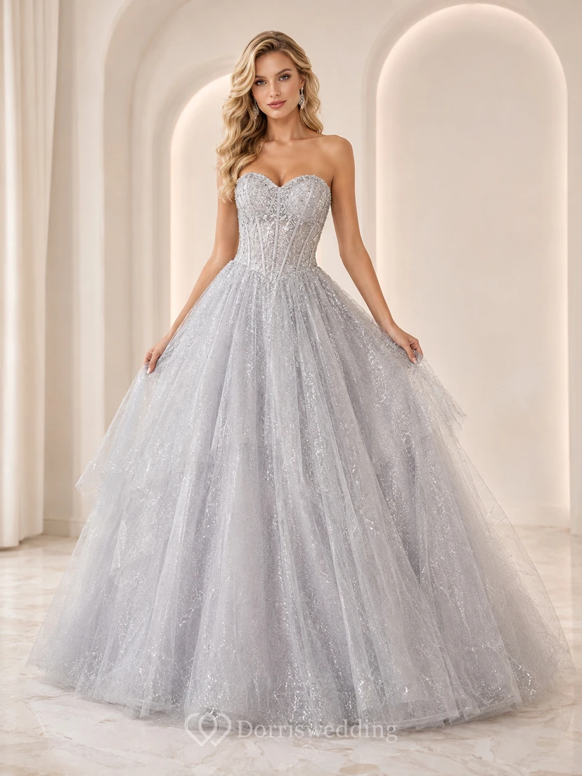 Starlight Palace Silver Ball Gown Floor-Length Strapless Sleeveless Tulle Luxury Prom Dress