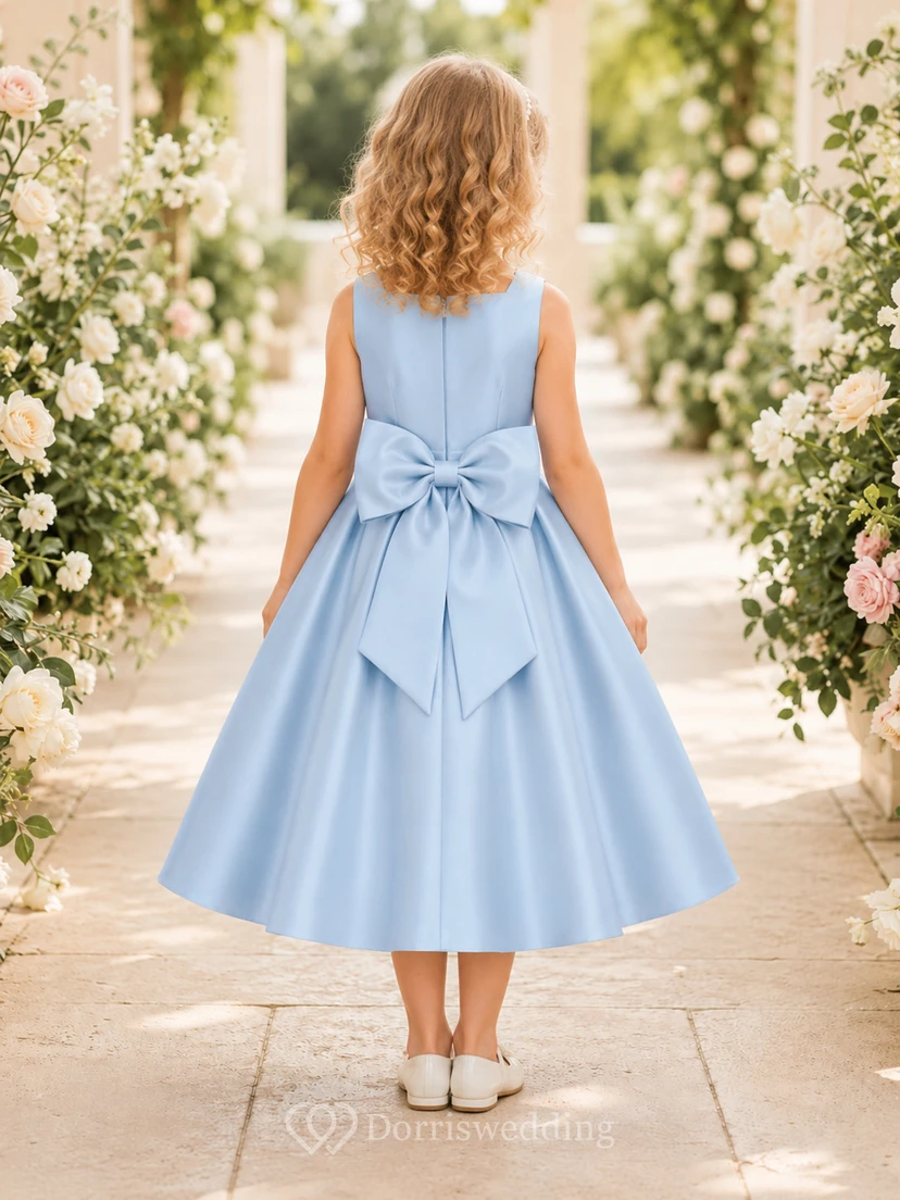 Robe de demoiselle d'honneur bleu ciel en satin, coupe trapèze, sans manches, avec nœud et jupe plissée. view 2