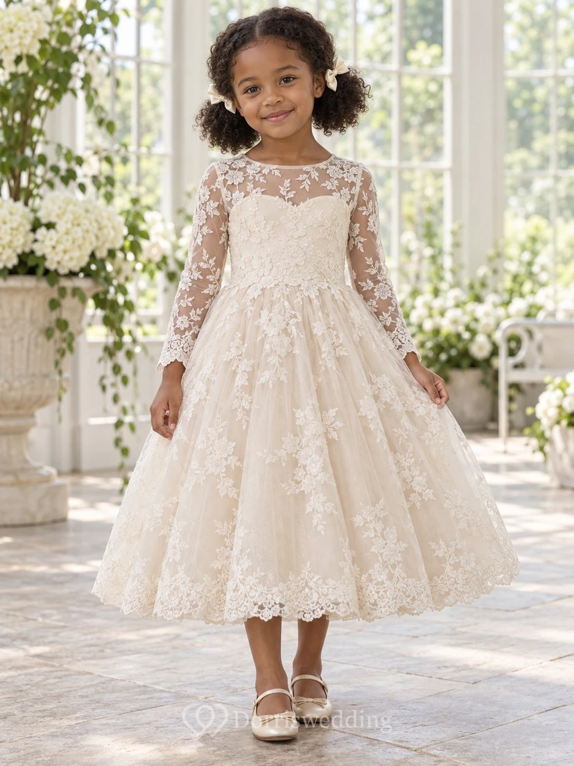 Vestido de niña de flores de manga larga, estilo modesto, color marfil, con estampado floral, corte en A y encaje festoneado.