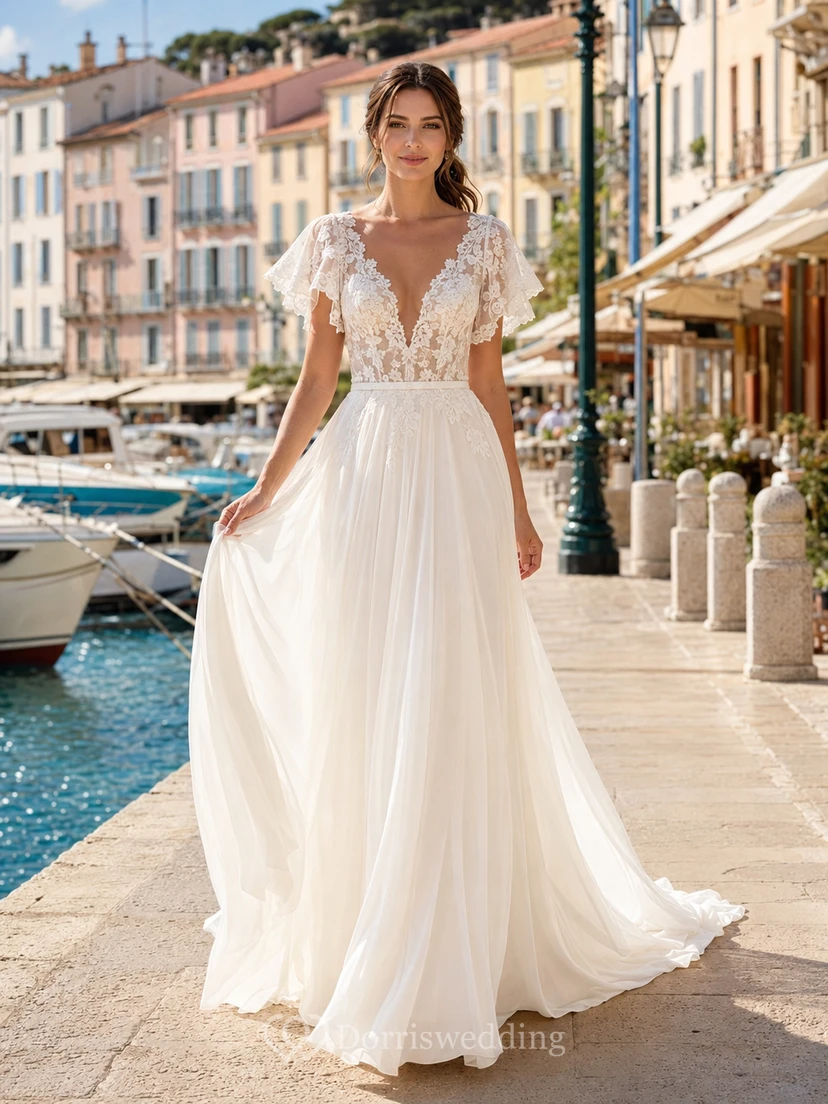 Romantic Deep V Petal Flutter Sleeve Chiffon A-Line Beach Destination Wedding Dress