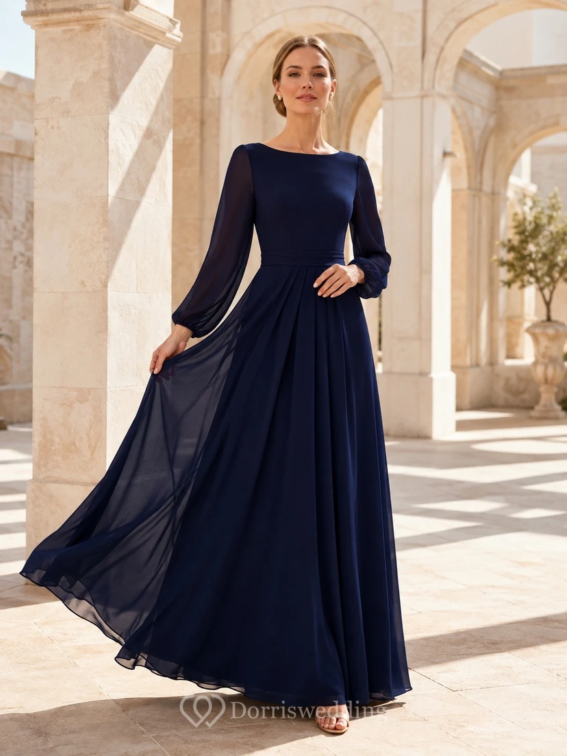 Vestido largo fluido de manga larga y cuello alto de gasa azul marino oscuro