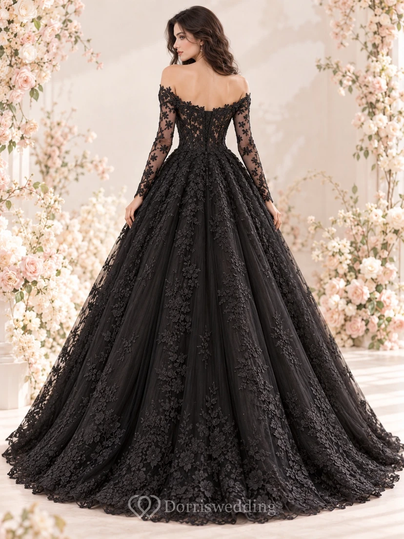 Black Long Sleeve Off Shoulder Floral Lace Wedding Dress view 2