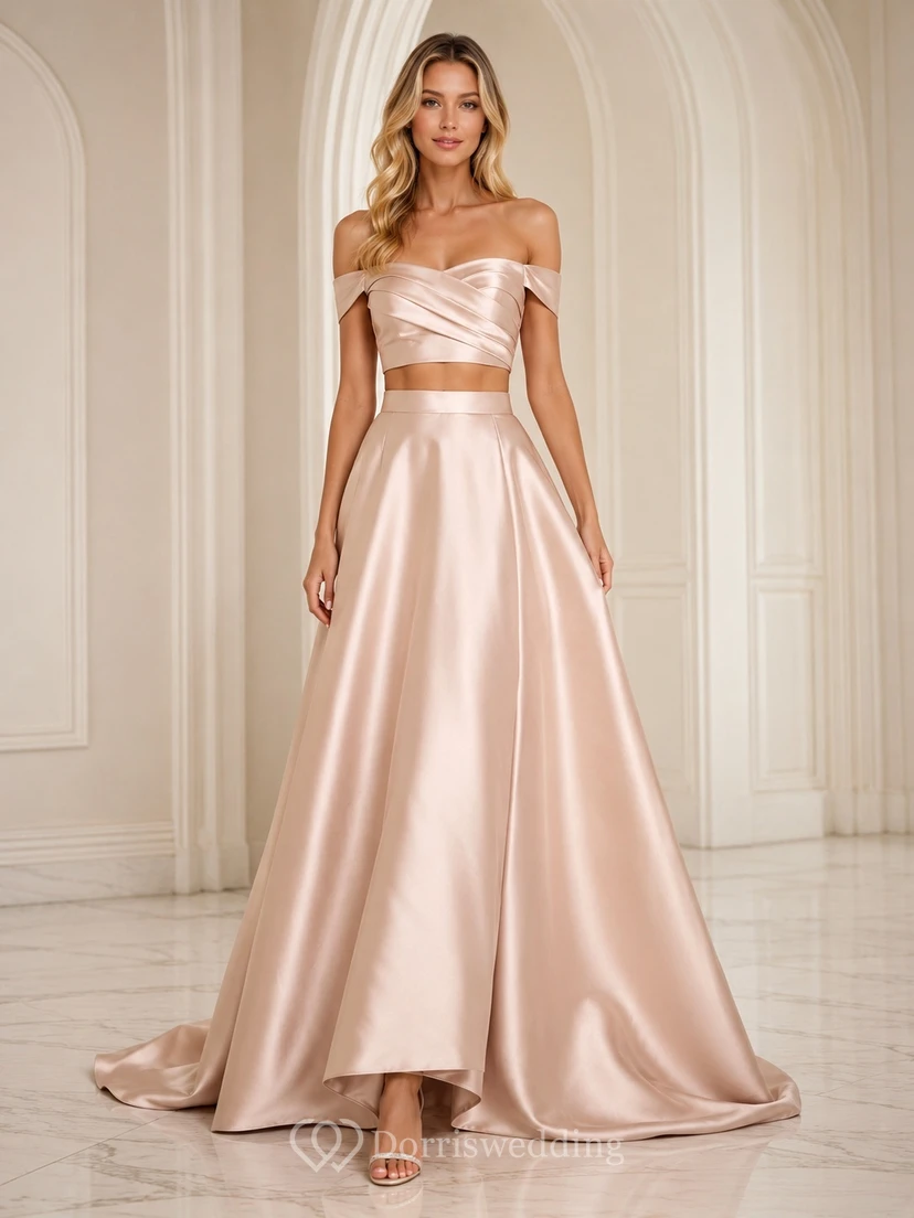 Blushing Pink Satin Off Shoulder Two Piece Sweep Train Formal Evening Dress