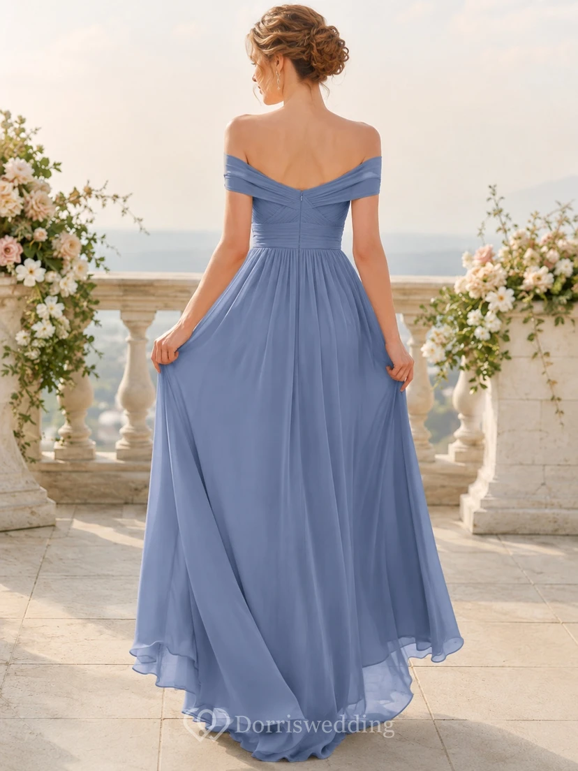 Steel Blue Off-Shoulder Pleated Chiffon A-Line Floor-Length Romantic Formal Bridesmaid Dress view 2