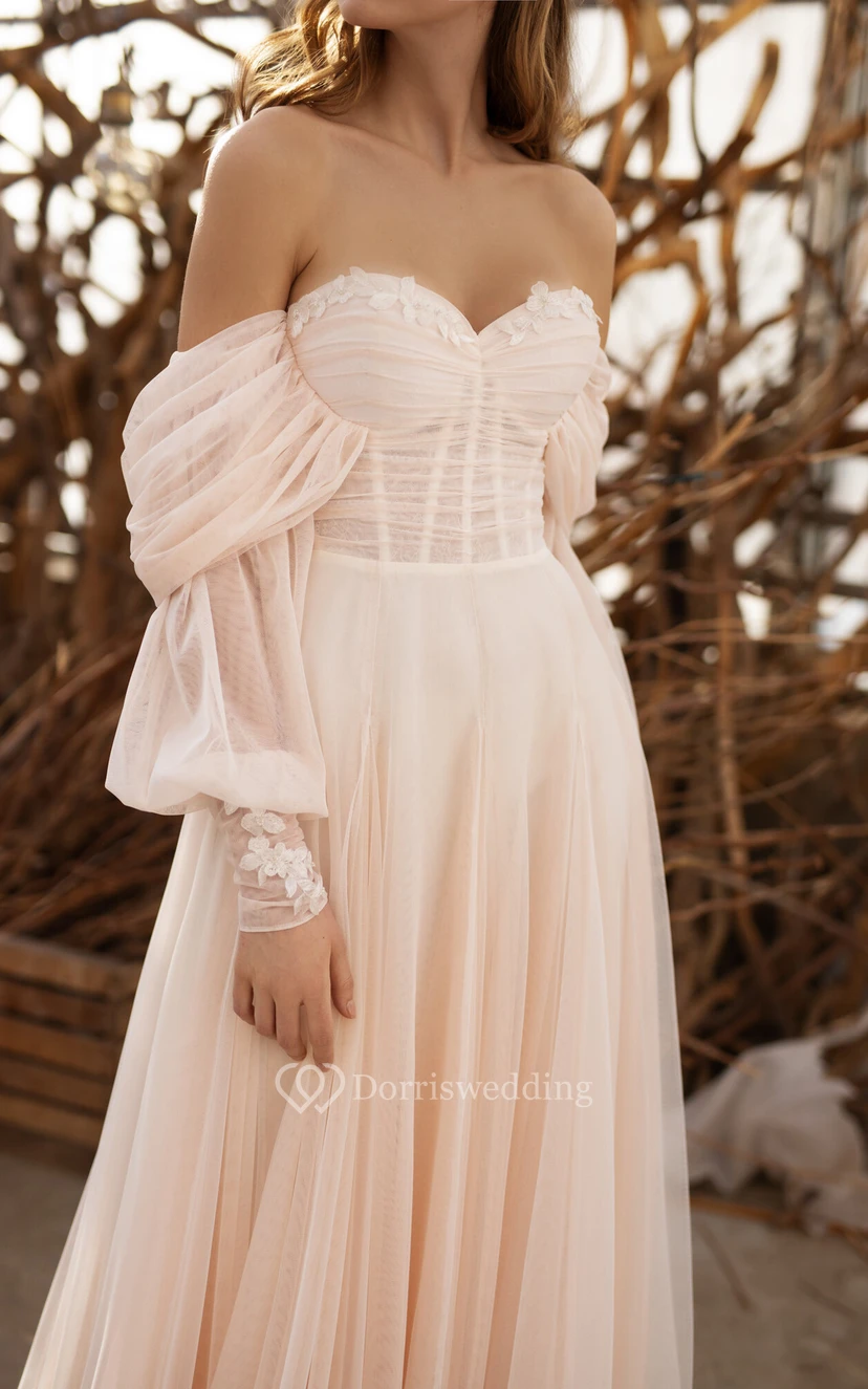 Sweetheart Empire Ruched Puff-sleeve Tulle Pleated Blush Boho Wedding Dress view 3