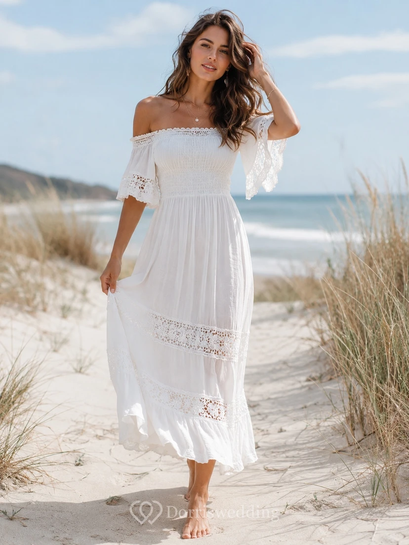 Boho White Off-Shoulder Ruffle Sleeve Tiered A-Line Ankle-Length Casual Beach Dress