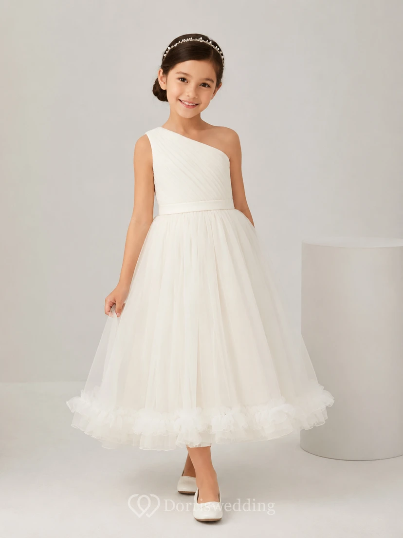 One Shoulder Tulle A-Line Flower Girl Dress with Tea-Length Skirt