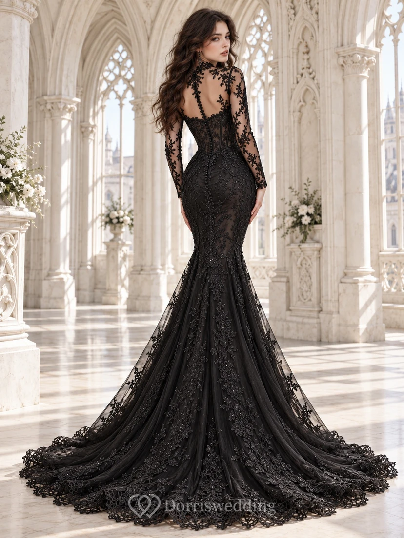 Robe de soirée sirène gothique noire à col montant et manches longues en dentelle view 2