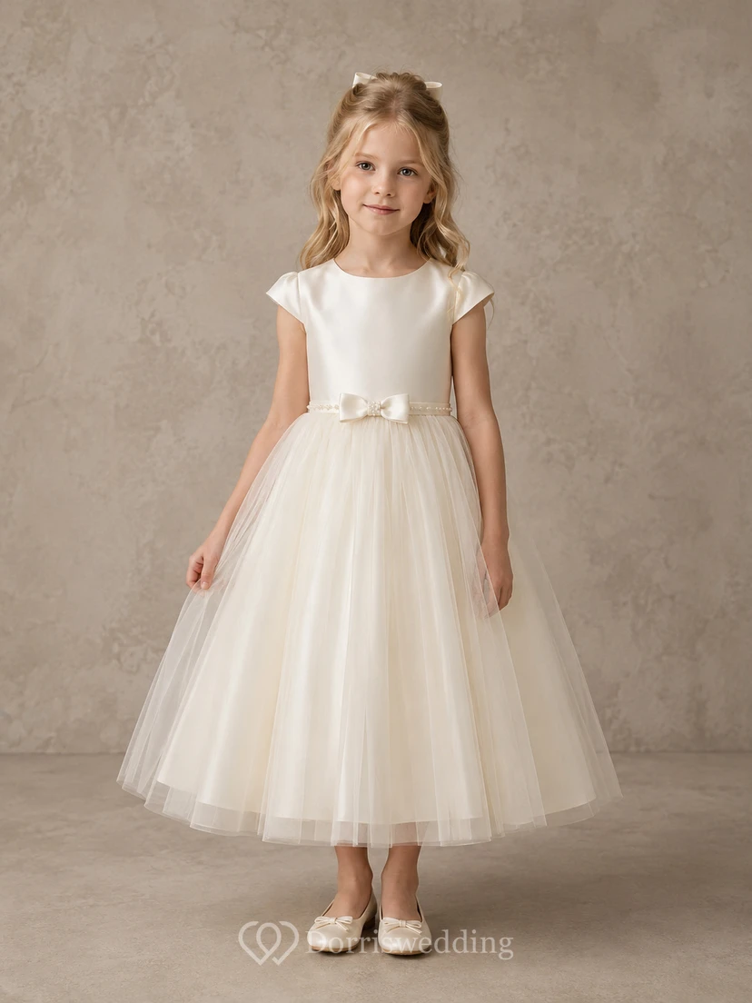 Vestido de niña de las flores, color marfil, encaje, tul, corte en A, cuello joya, largo hasta la rodilla.