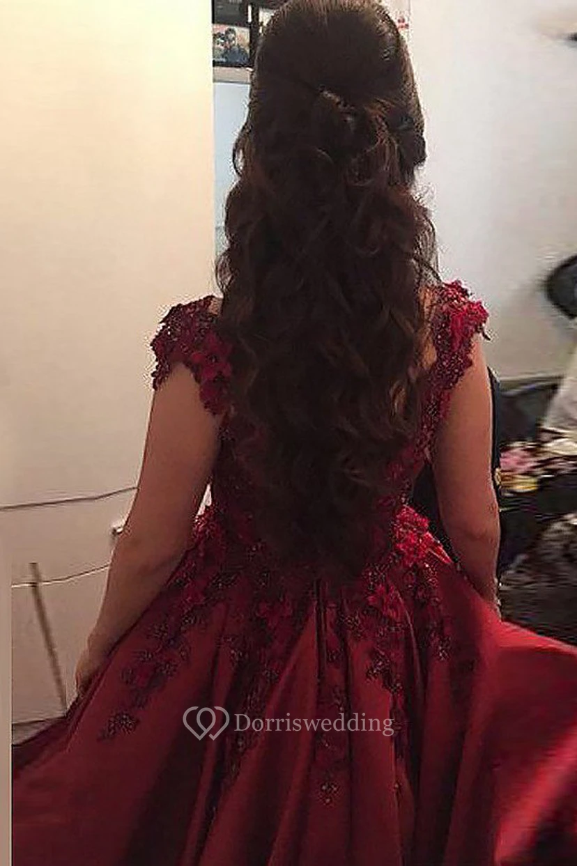 A-Line Satin Lace Off-the-shoulder Short Sleeve Zipper Dress view 2