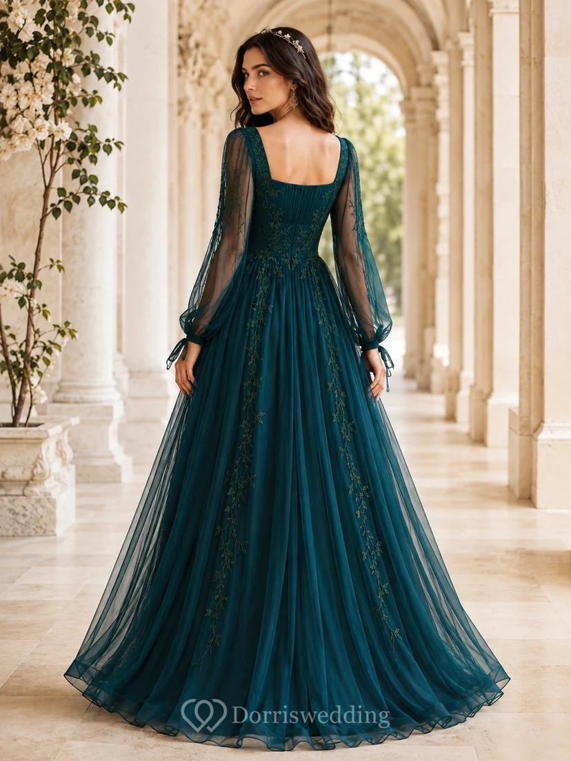 Luxury Teal Tulle A-Line Floor-Length Square Neck Long Sleeve Formal Dress view 2