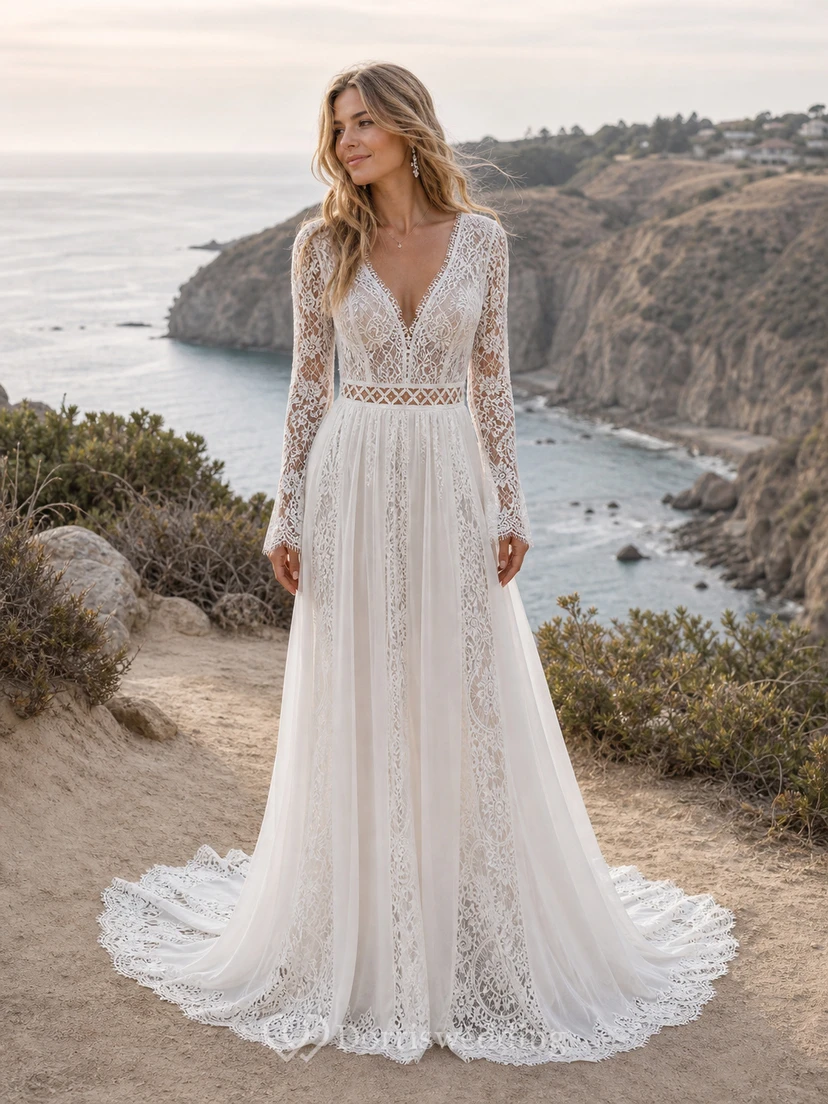 Vestido de novia sencillo de manga larga y modesto | Vestido de novia bohemio de encaje para ceremonia civil view 4