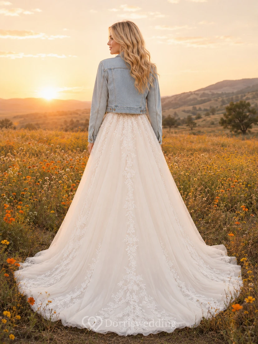 Chaqueta vaquera rústica estilo western con encaje y vestido de novia de corte A view 2