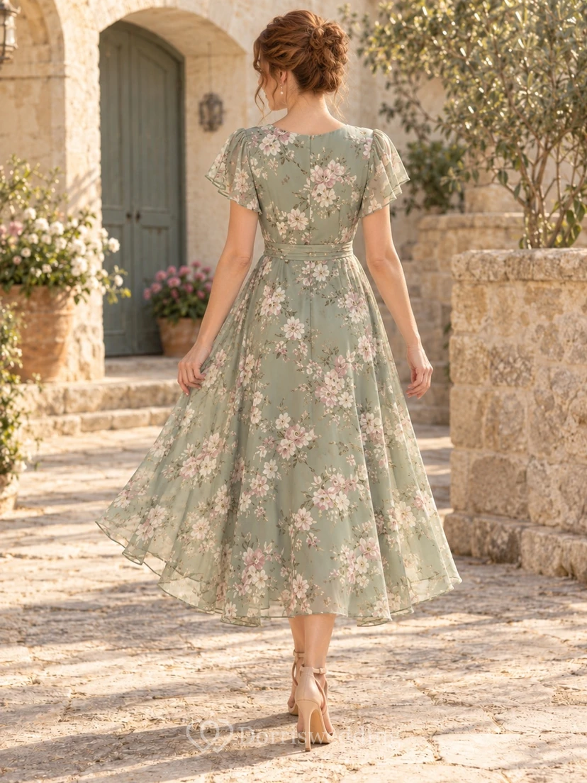 Vestido de fiesta de gasa color verde salvia vintage con escote en V y mangas con volantes, largo hasta la rodilla, para invitada de boda. view 2