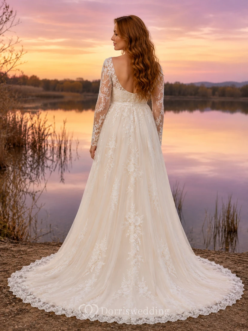 Maternity Wedding Dress Square Neck Long Lace Sleeve Formal Bridal Gown with Train view 2