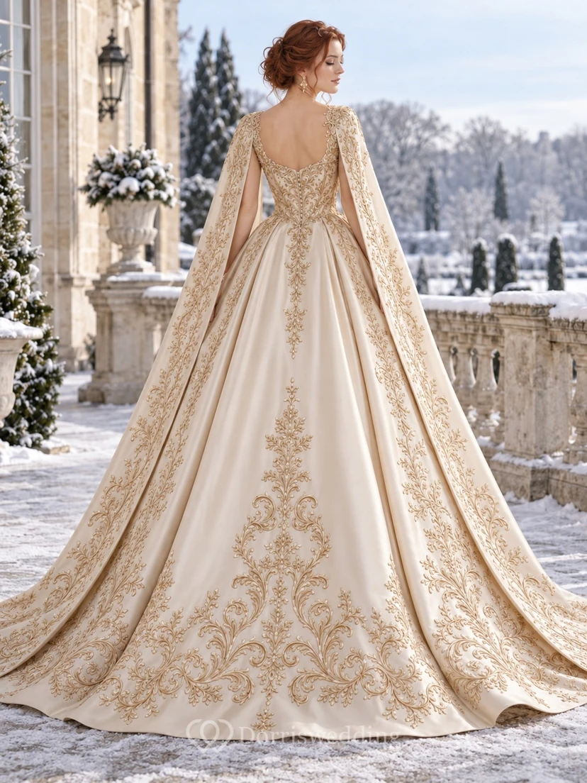 Champagne Winter Sweetheart Gold Scroll Embroidered Cape Ball Gown Wedding Dress view 2