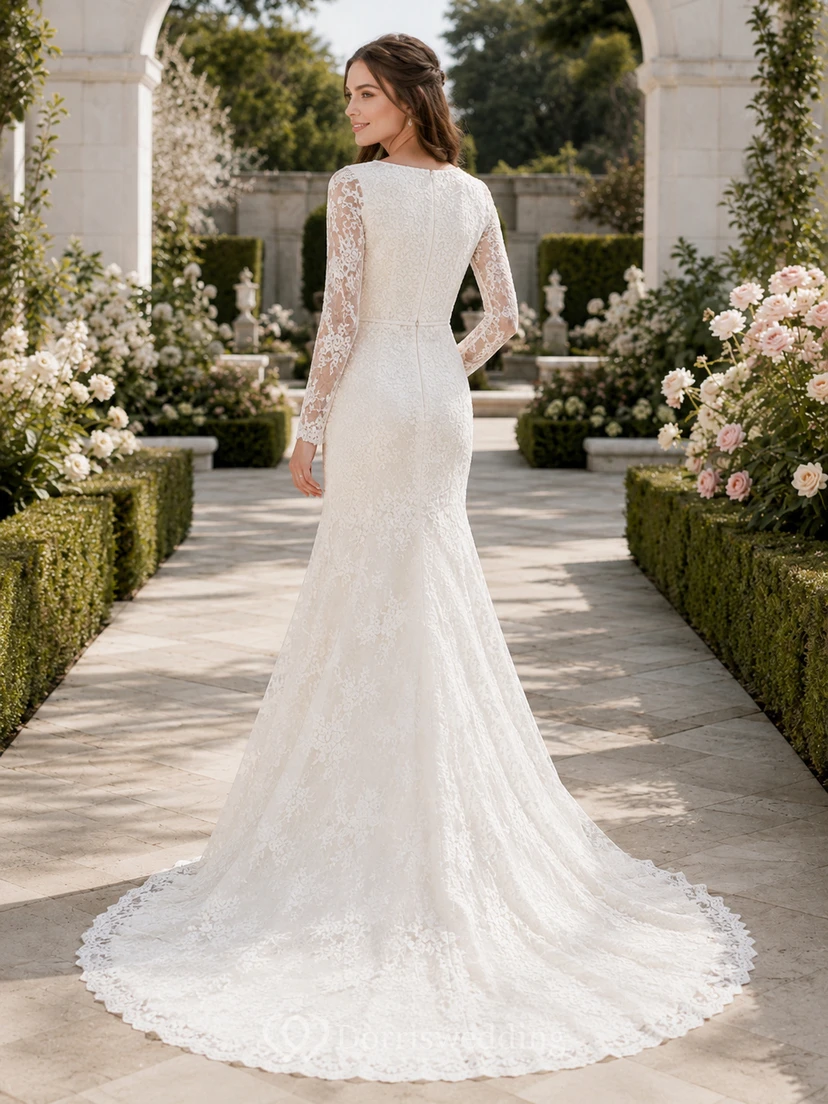 Vintage LDS Bateau Long Sleeve Allover Lace Mermaid Sweep Train Wedding Dress view 2