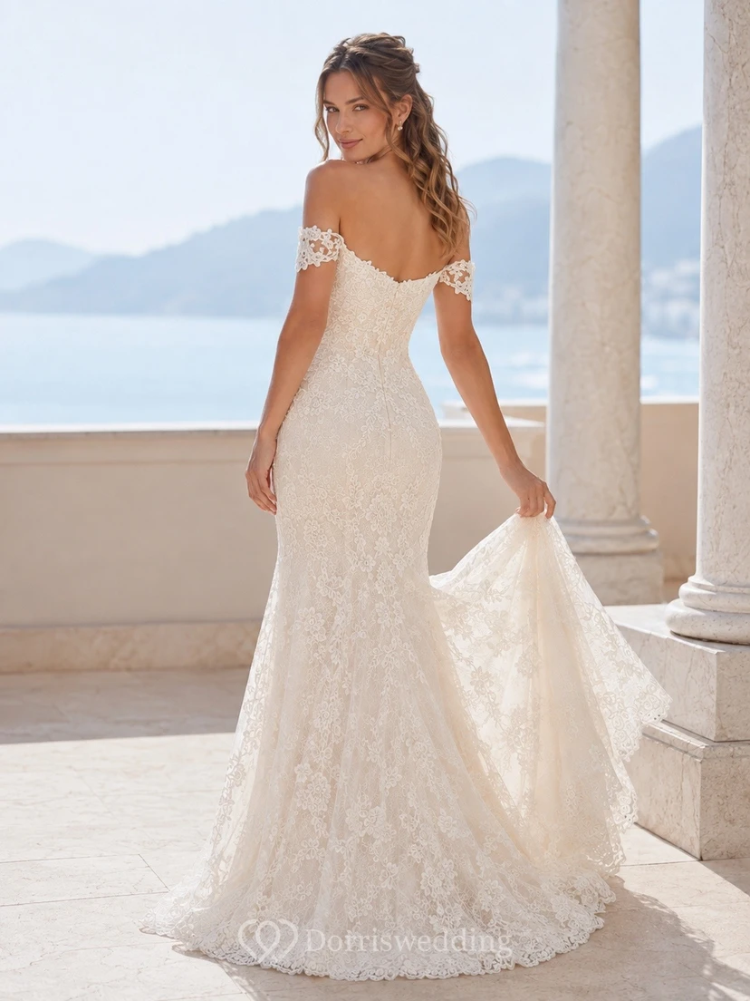 Lace Off-the-shoulder Mermaid Wedding Gown Sweep Train Dress view 2