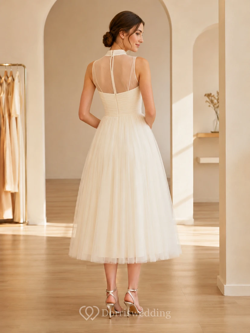 Courtly Mist Ivory A-Line Tea-Length High-Neck Sleeveless Tulle Modest Cocktail Dress view 2