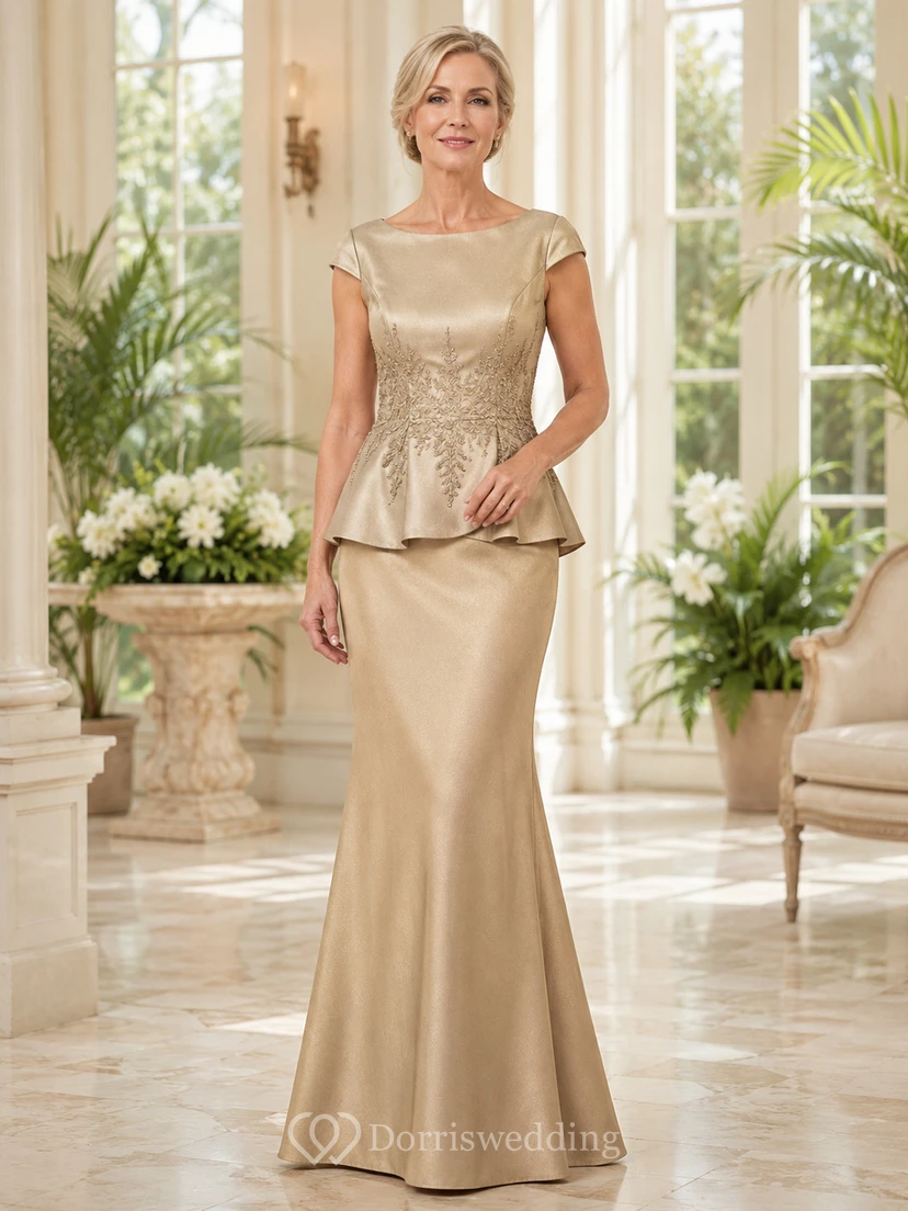 Antique Gold Modern Bateau Cap-Sleeve Satin Mermaid Floor-Length Mother of the Bride Gown with Structured Peplum