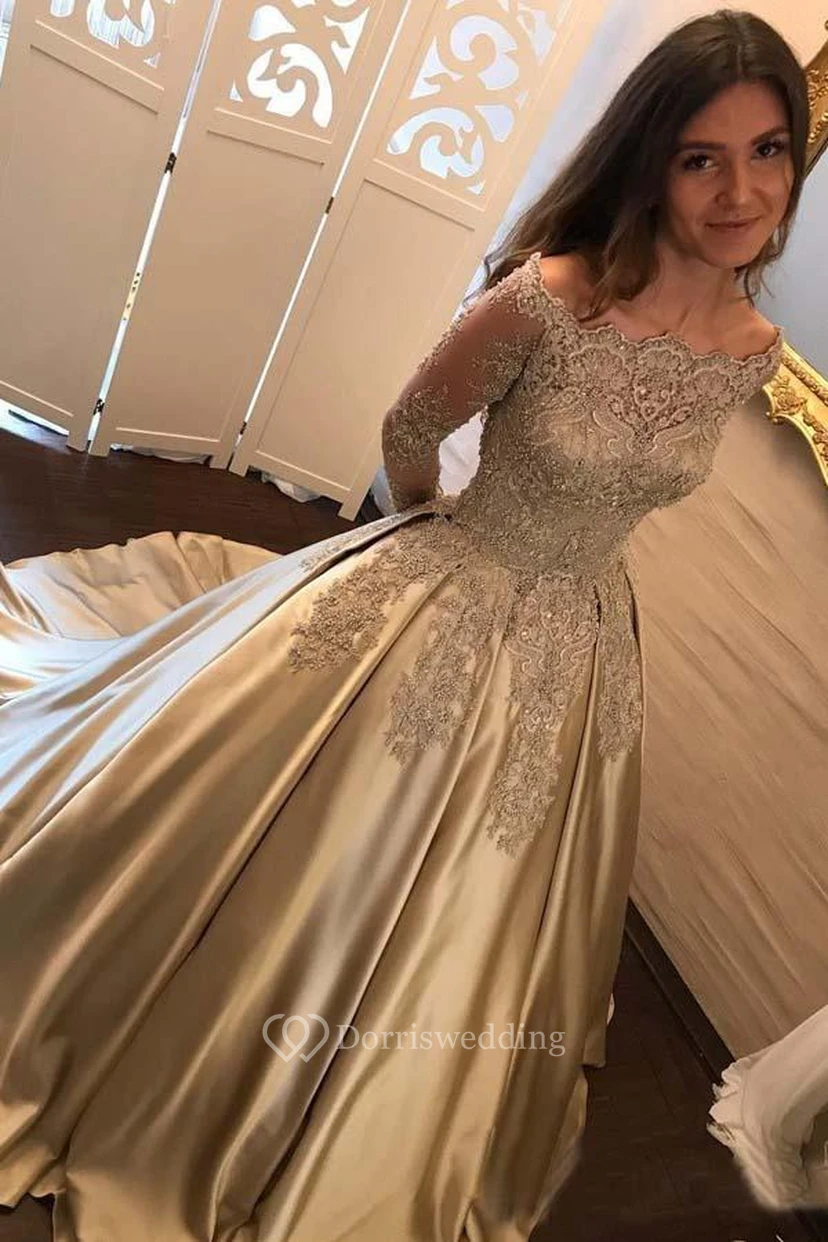 Ball Gown Satin Lace Off-the-shoulder Long Sleeve Zipper Dress view 2