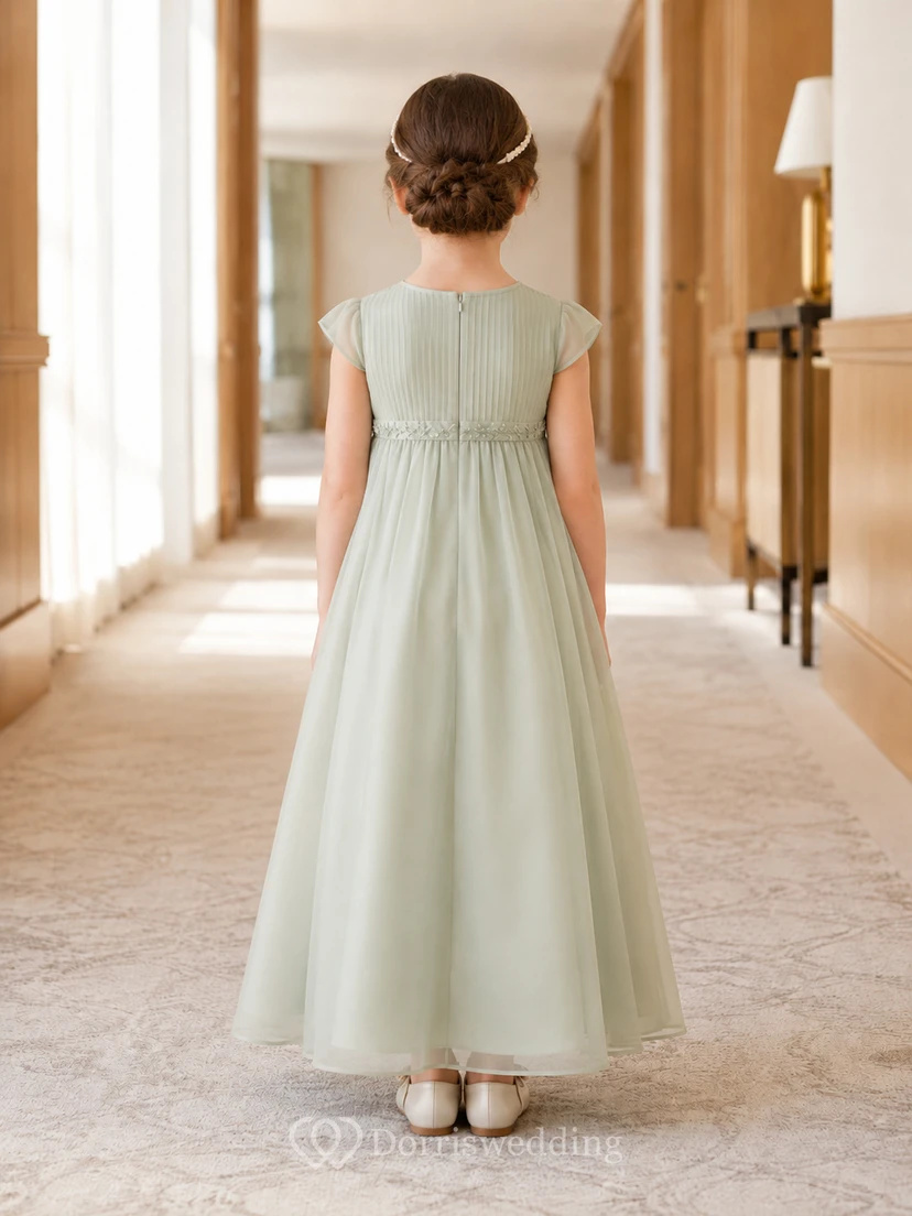 A-Line Quiet Luxury Flower Girl Dress with Cap Sleeves, Pleated Flowing Skirt, Tea-Length Hem, Natural Waist, Quiet Garden Formal Style view 2