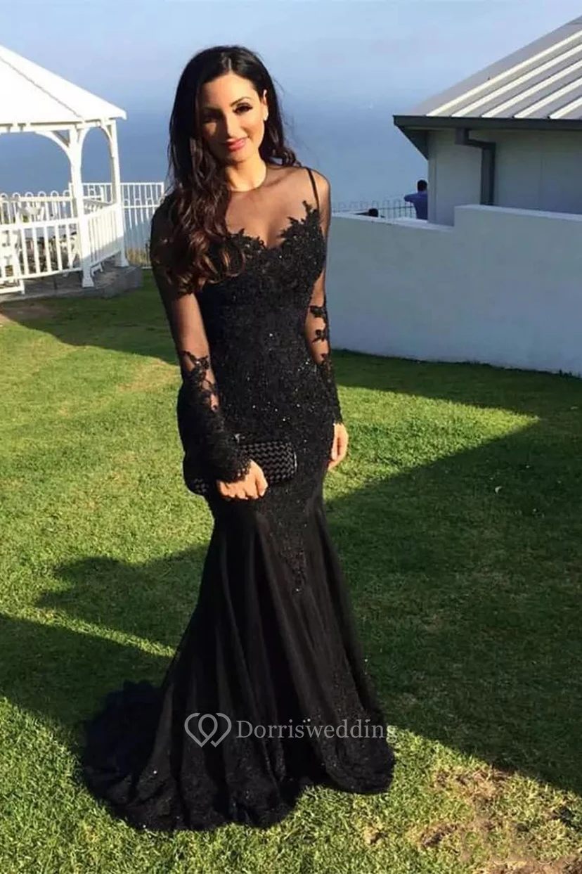 High Neck Mermaid Floor-length Sweep Brush Train Long Sleeve Lace Evening Dress with Zipper Back view 3