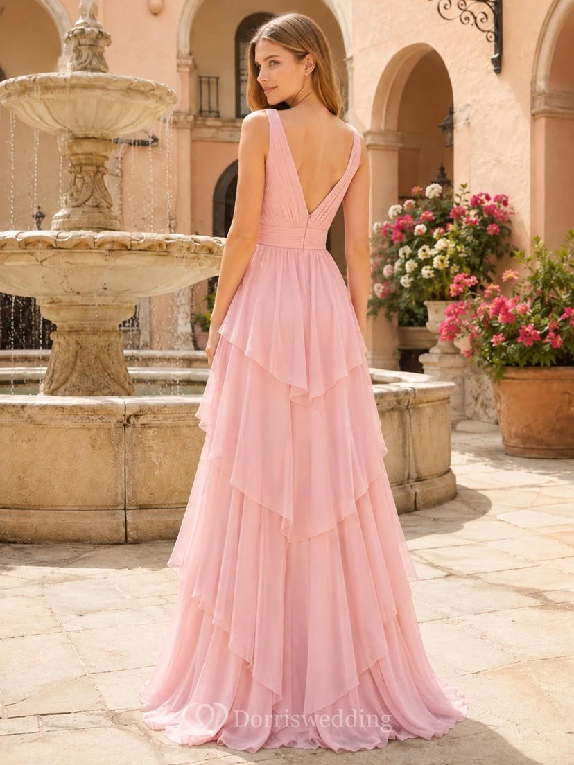 Blush V Neck Cascading Ruffle Chiffon Prom Gown view 2