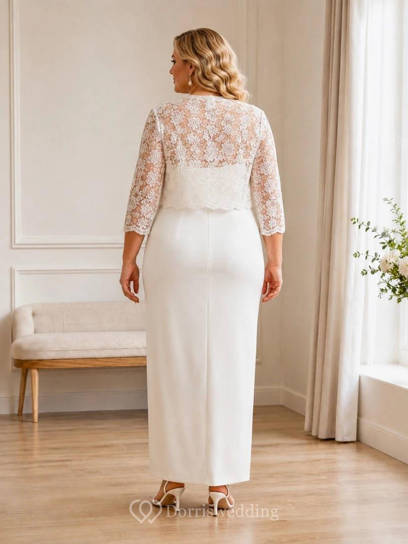 Plus-Size Spitzenbolero, eckiger Ausschnitt, Etuikleid, knöchellang, schlichtes zweites Hochzeitskleid view 2