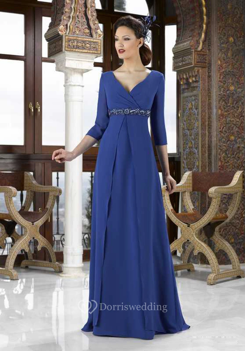 Empire-Kleid aus Chiffon mit 3-4 Ärmeln, Schmuckbesatz und V-Ausschnitt – perfekt für die Mutter der Braut