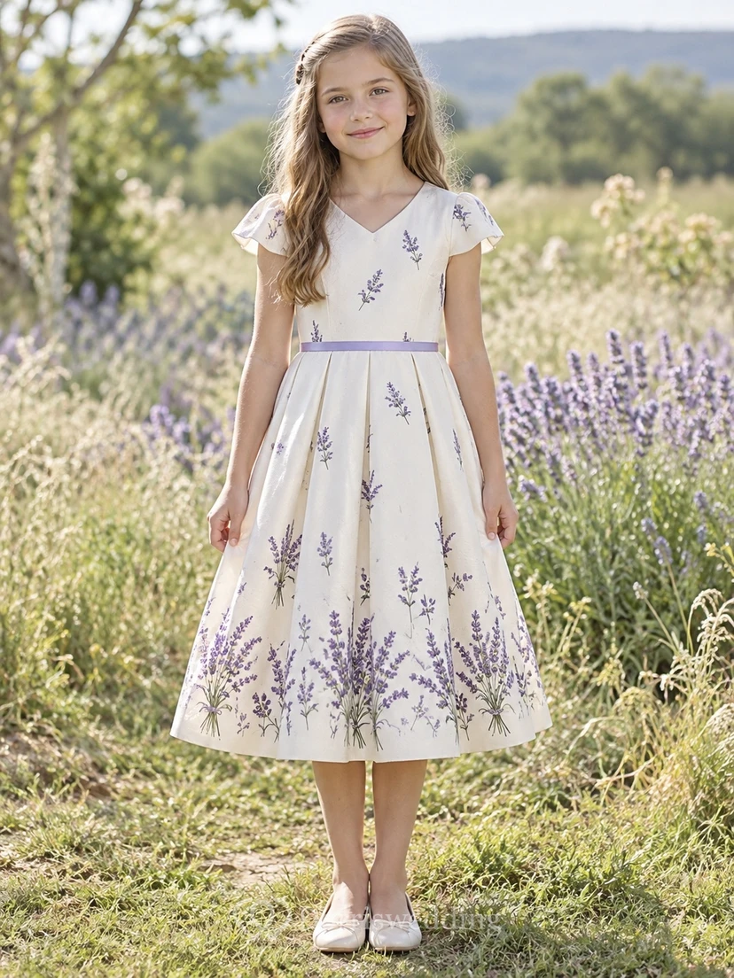 Country Tea-length Cream Floral V-neck Cap Sleeve Cotton Flower Girl Dress