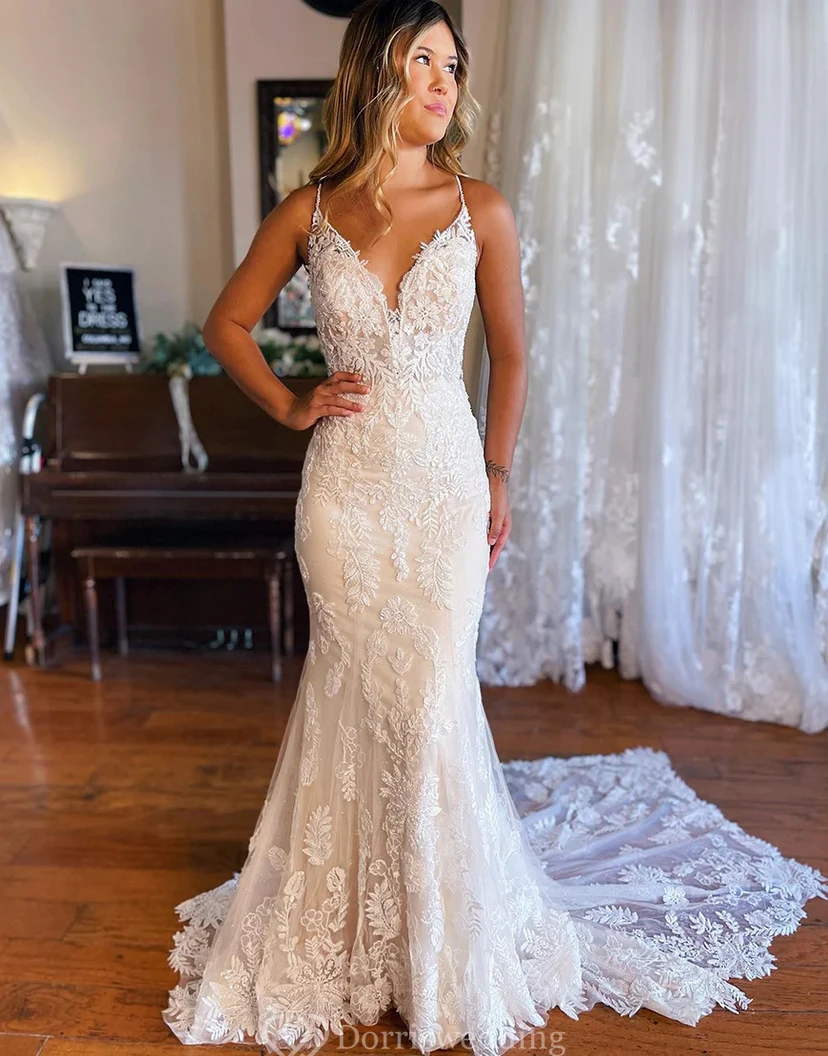 Enchanting Plunging Lace Mermaid Wedding Dress