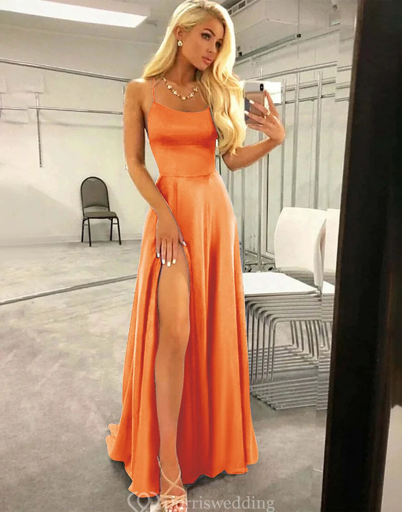 Simple Satin Spaghetti A-line Dress with Sweep Train view 18