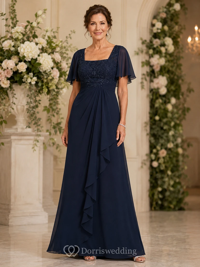 Dark Navy Square Neck Beaded Chiffon Evening Mother Gown
