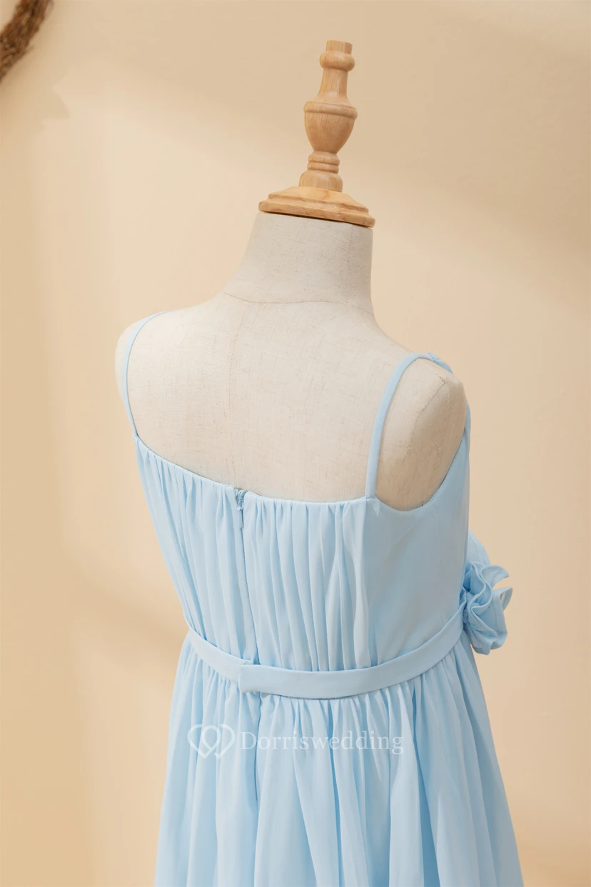 Chiffon Ruffled Short Pleated Sky Blue Flowergirl Dress with Petals view 11