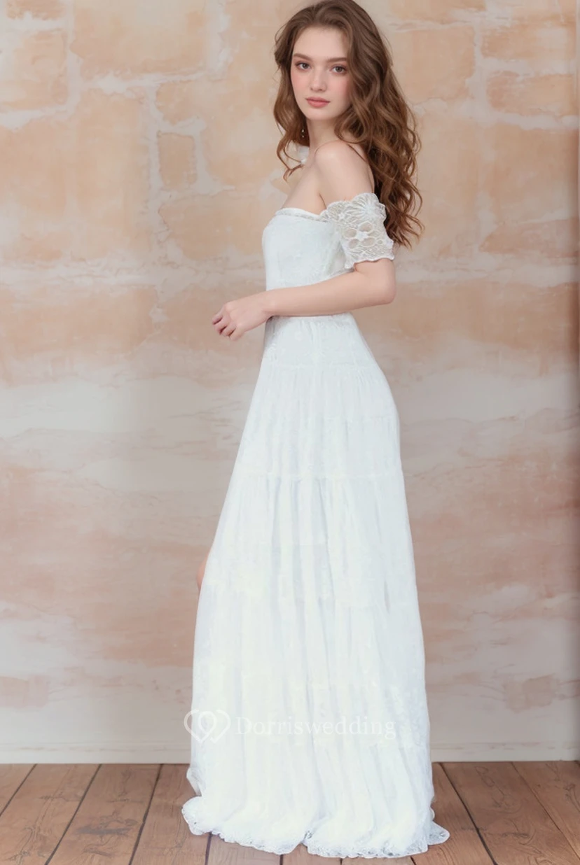 A-Linien-Brautkleid mit schulterfreiem Schnitt, kurzen Ärmeln und Spitze im Boho-Stil view 3