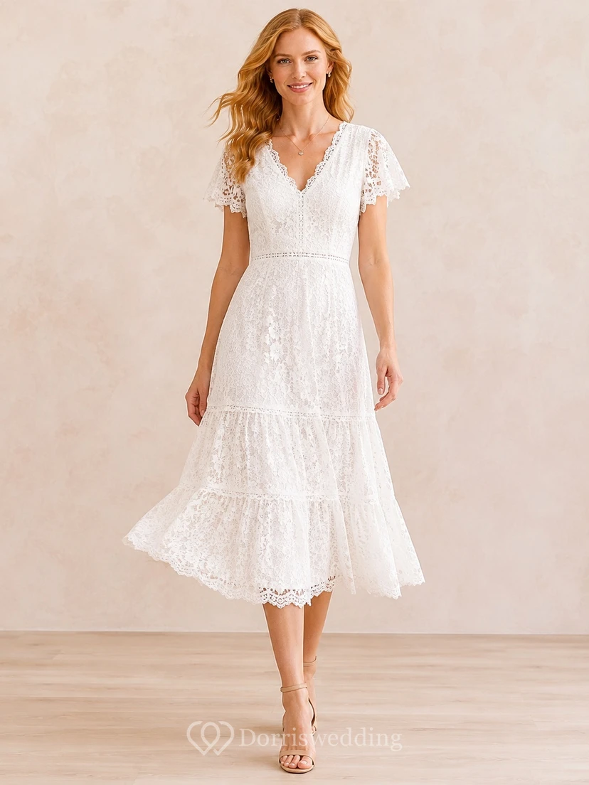 White Lace V-neck Puff Sleeve Pleated A-Line Tea-length Dress