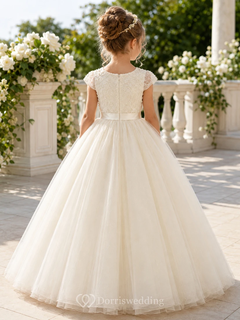 Luxury Tulle Floor-Length Ball Gown Beaded Cap Sleeve Flower Girl Formal Wedding Dress view 2