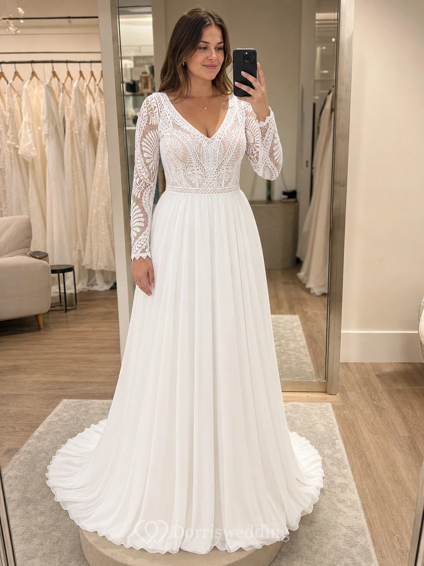 Courtry V-neck Long Sleeve Chiffon Simple Boho Wedding Dress with Lace Top view 6