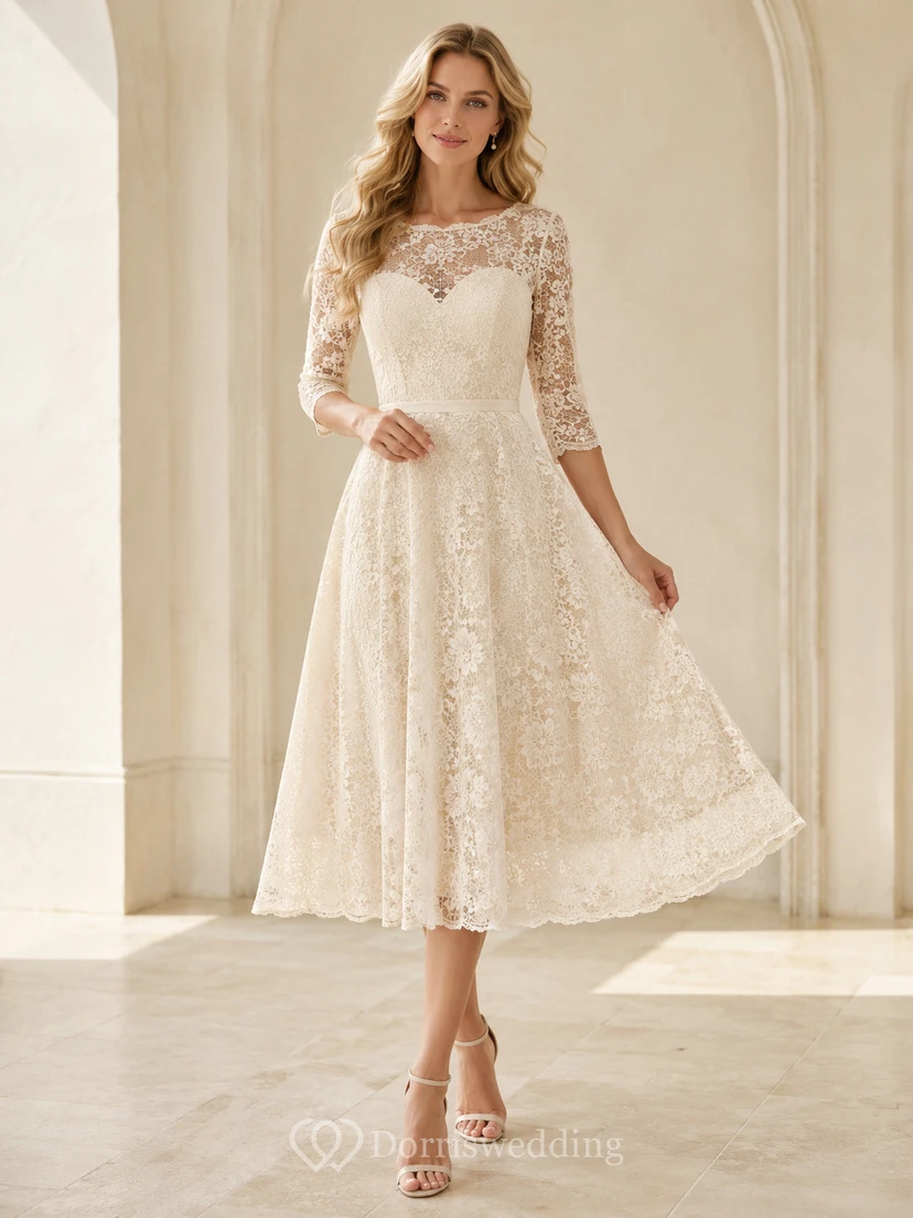 Robe de mariée mi-longue à manches trois-quarts, en dentelle florale, taille naturelle, coupe ajustée et évasée, dos illusion, décolleté bateau.