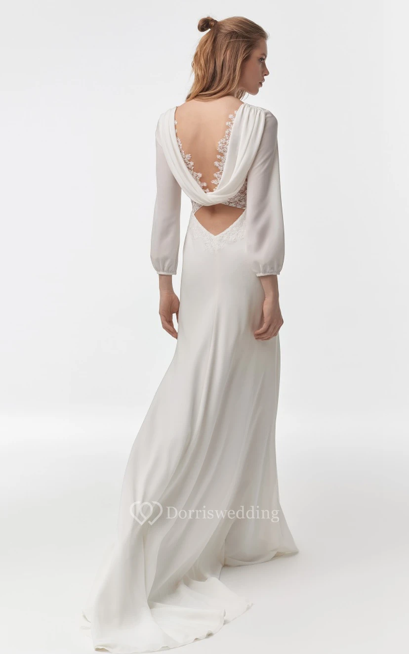 Robe de mariée moderne en mousseline de soie, coupe fourreau, col en V, manches longues, traîne balayée et dos drapé view 2