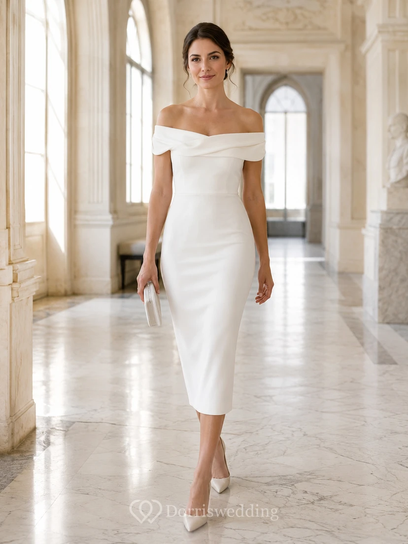 Robe de mariée civile Mairie en satin fourreau à épaules dénudées et longueur thé