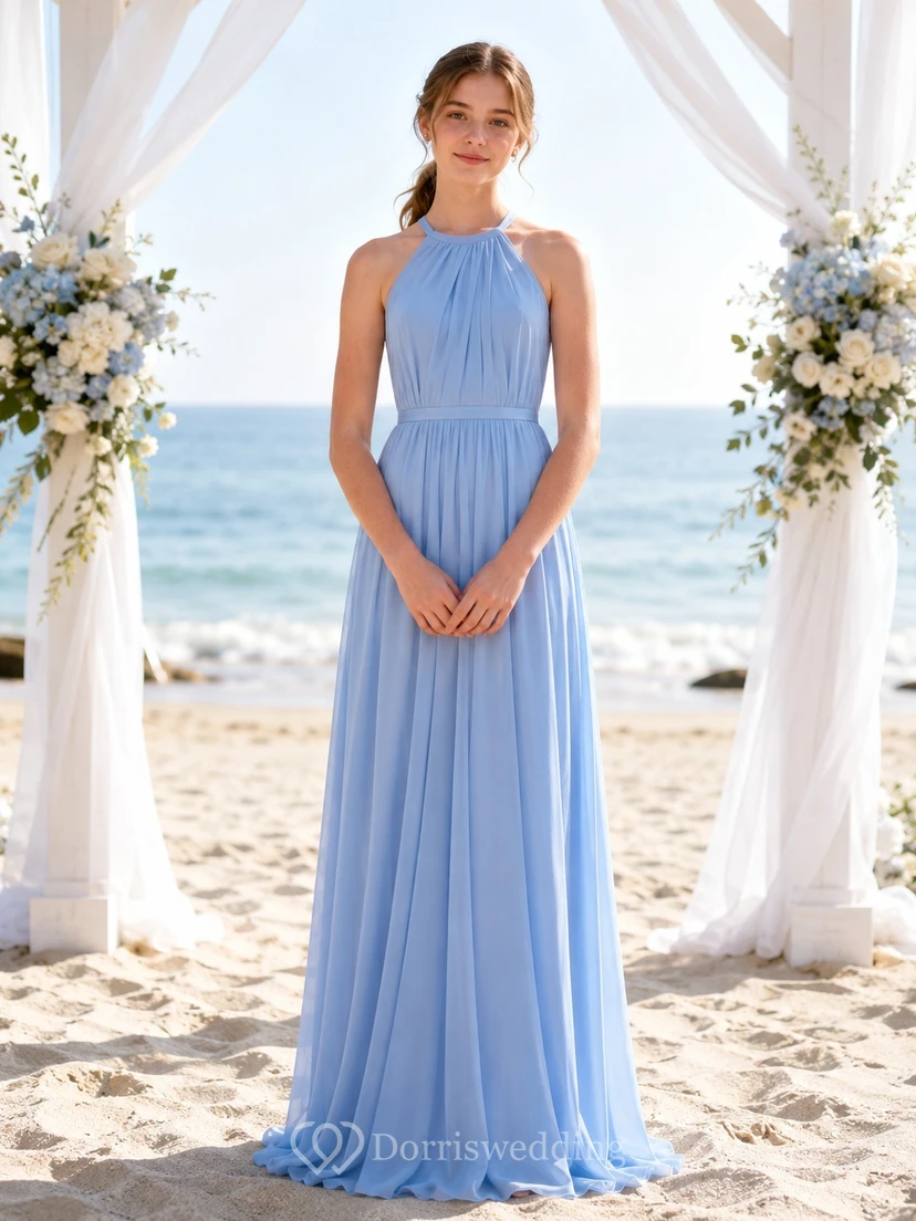 Himmelblaues Brautjungfernkleid für junge Mädchen, A-Linie, Neckholder, ärmellos, mit Falten, romantisch