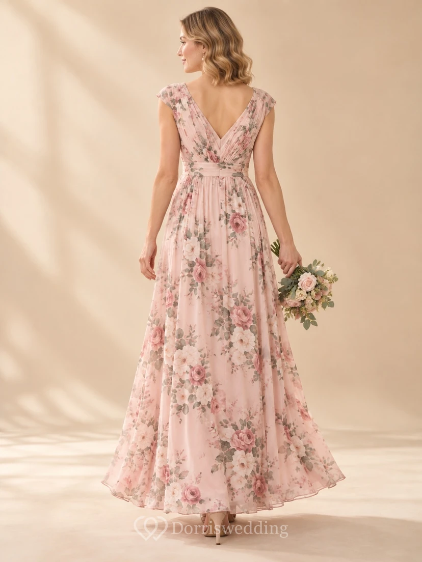 Vestido de dama de honor de gasa largo hasta el suelo con estampado floral rosa empolvado, escote en V discreto y mangas con volantes view 2