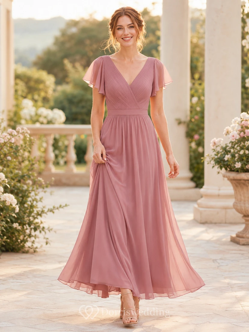 Vestido de gasa color rosa empolvado con escote en V y mangas con volantes