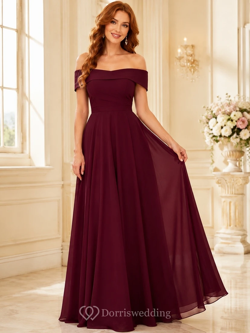 Elegant Burgundy Off-the-shoulder Long Sleeve Tulle Ball Gown Dress
