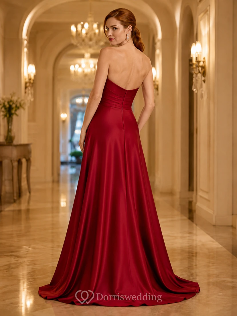 Burgunderrotes, trägerloses A-Linien-Abendkleid aus Satin view 2
