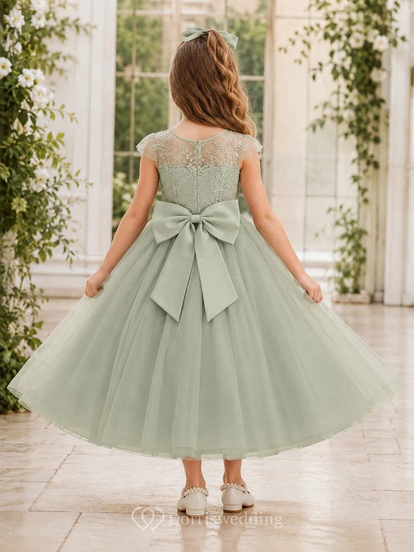 Sage Lace Bodice Tulle A-Line Flower Girl Dress with Short Sleeves, Jewel Neck, Tea-Length Skirt and Bow Detail view 2