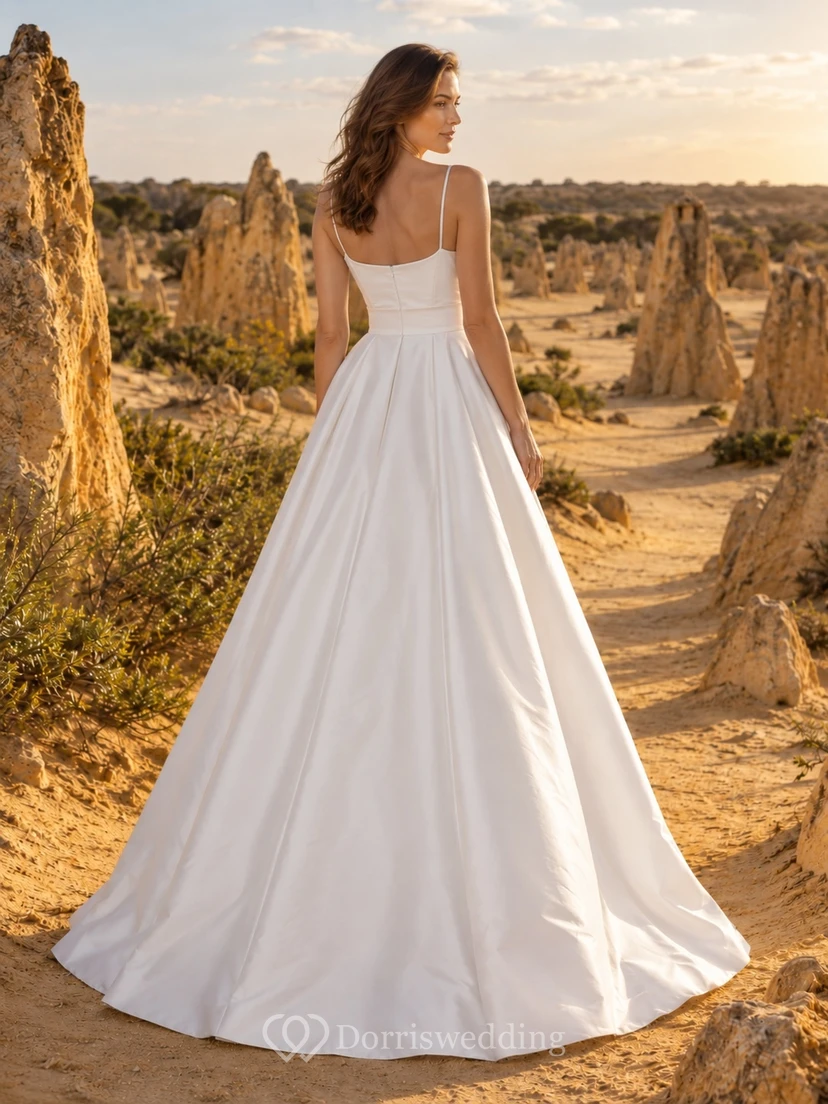 Schlichtes Brautkleid aus Satin mit quadratischem Ausschnitt, Trägern und A-Linien-Schnitt view 2