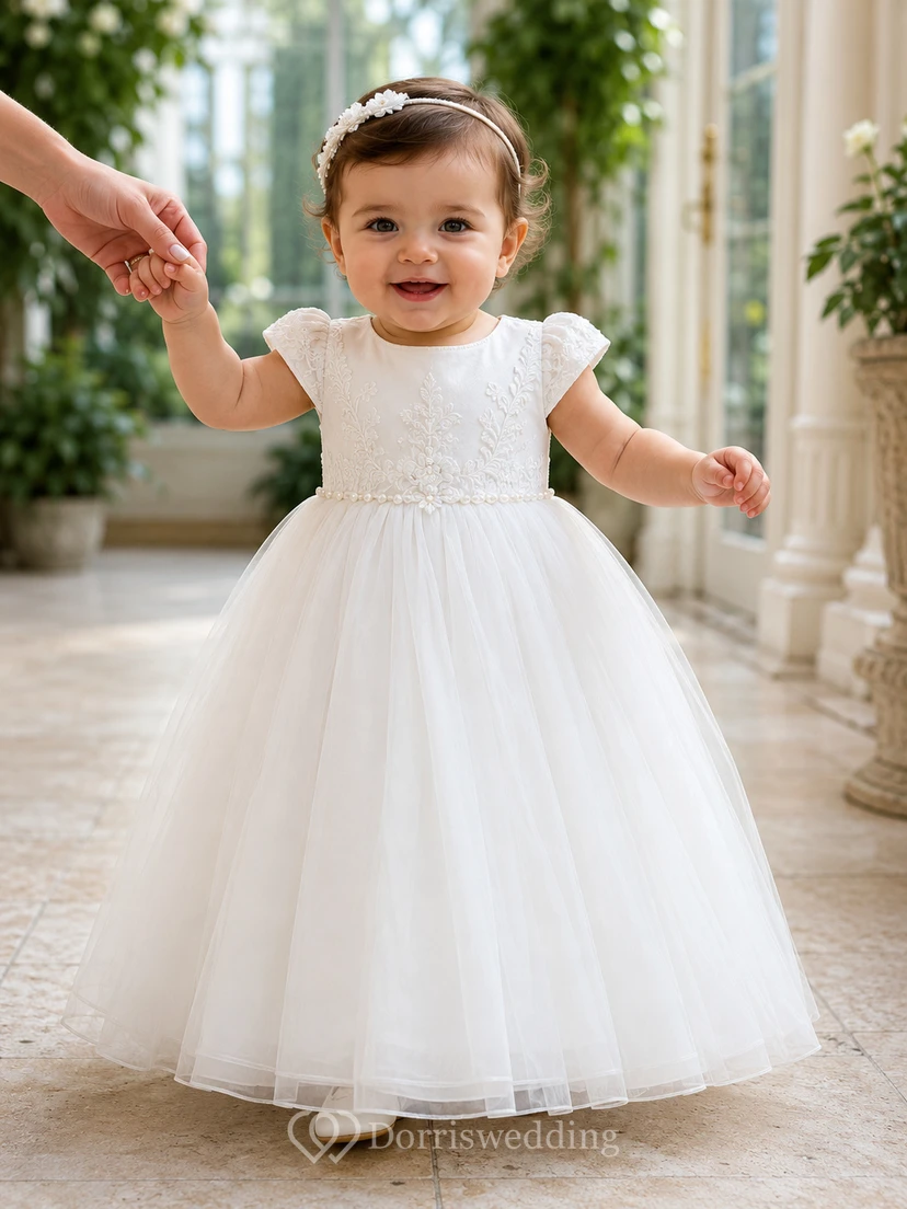 Cap Sleeve Christening Gown A-Line Tulle Lace Jewel Neck Floor-Length